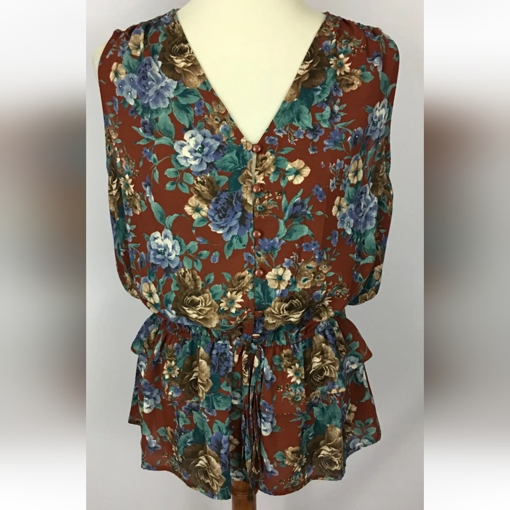 Lovely Pleioni Brand Floral Sleeveless Ruffled Top With Drawstring Waist Sz. M